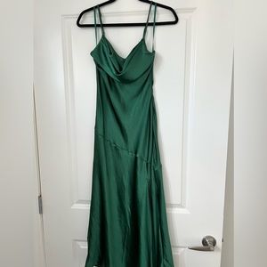 NWT Hello Molly Forest Green Satin Cowl Neck Midi Dress with Slit